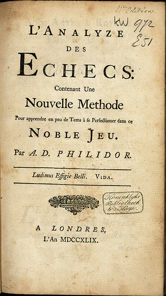 Η σελίδα τίτλου της πρώτης έκδοσης του L'Analyze des Echecs, Λονδίνο 1749