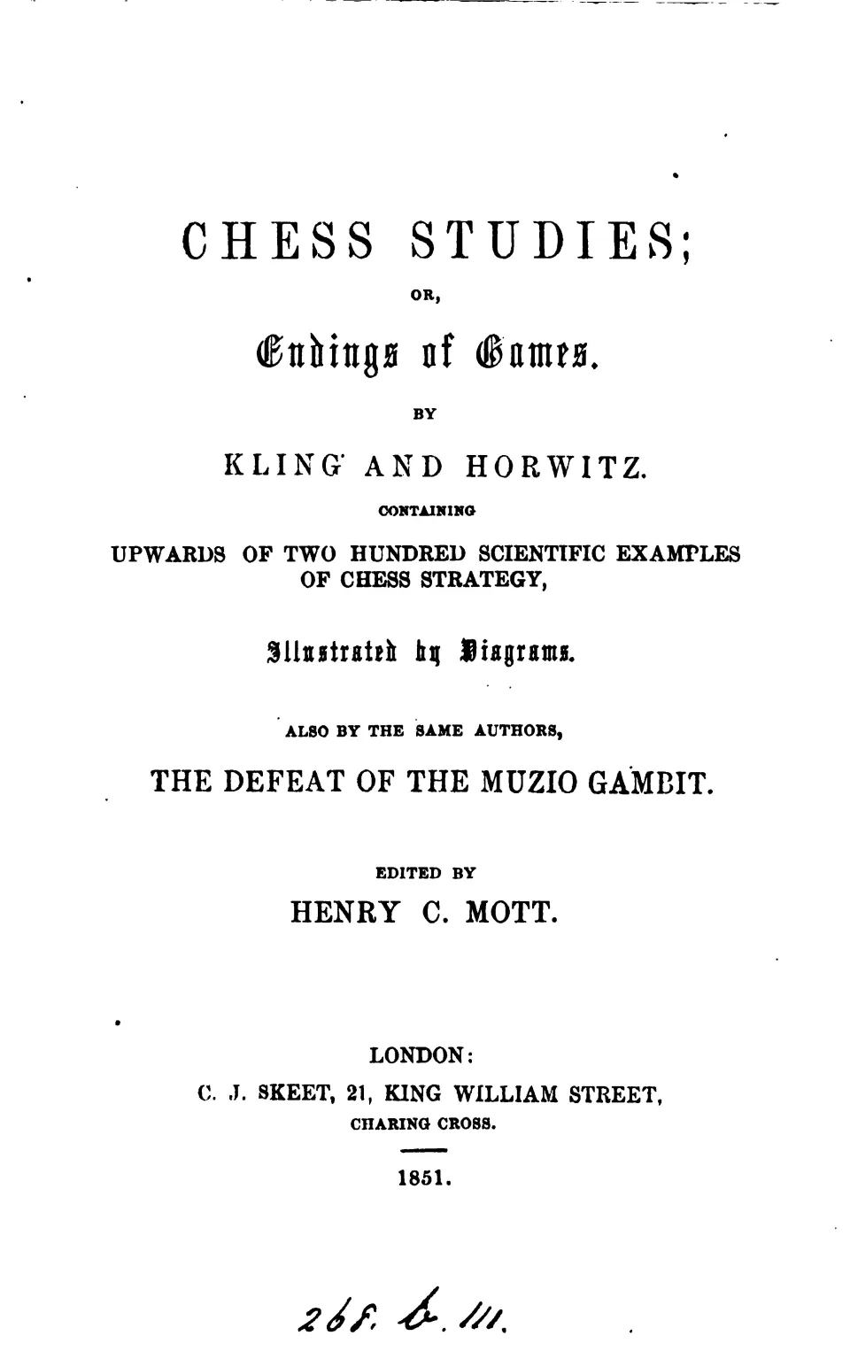 Η σελίδα τίτλου του βιβλίου Chess Studies των Kling και Horwitz, 1851