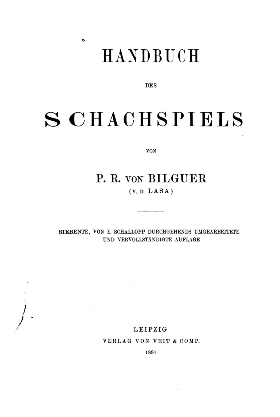 Η σελίδα τίτλου του Handbuch des Schachspiels, έκδοση Λειψίας 1891
