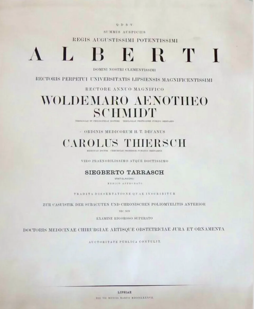 Το λατινικό διδακτορικό δίπλωμα του Siegbert Tarrasch από το Πανεπιστήμιο της Λειψίας, 1887