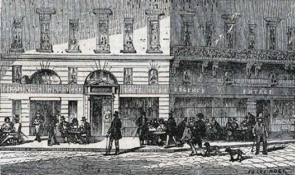 Χαρακτικό του 1851 με την πρόσοψη του Café de la Régence και θαμώνες σε τραπέζια έξω