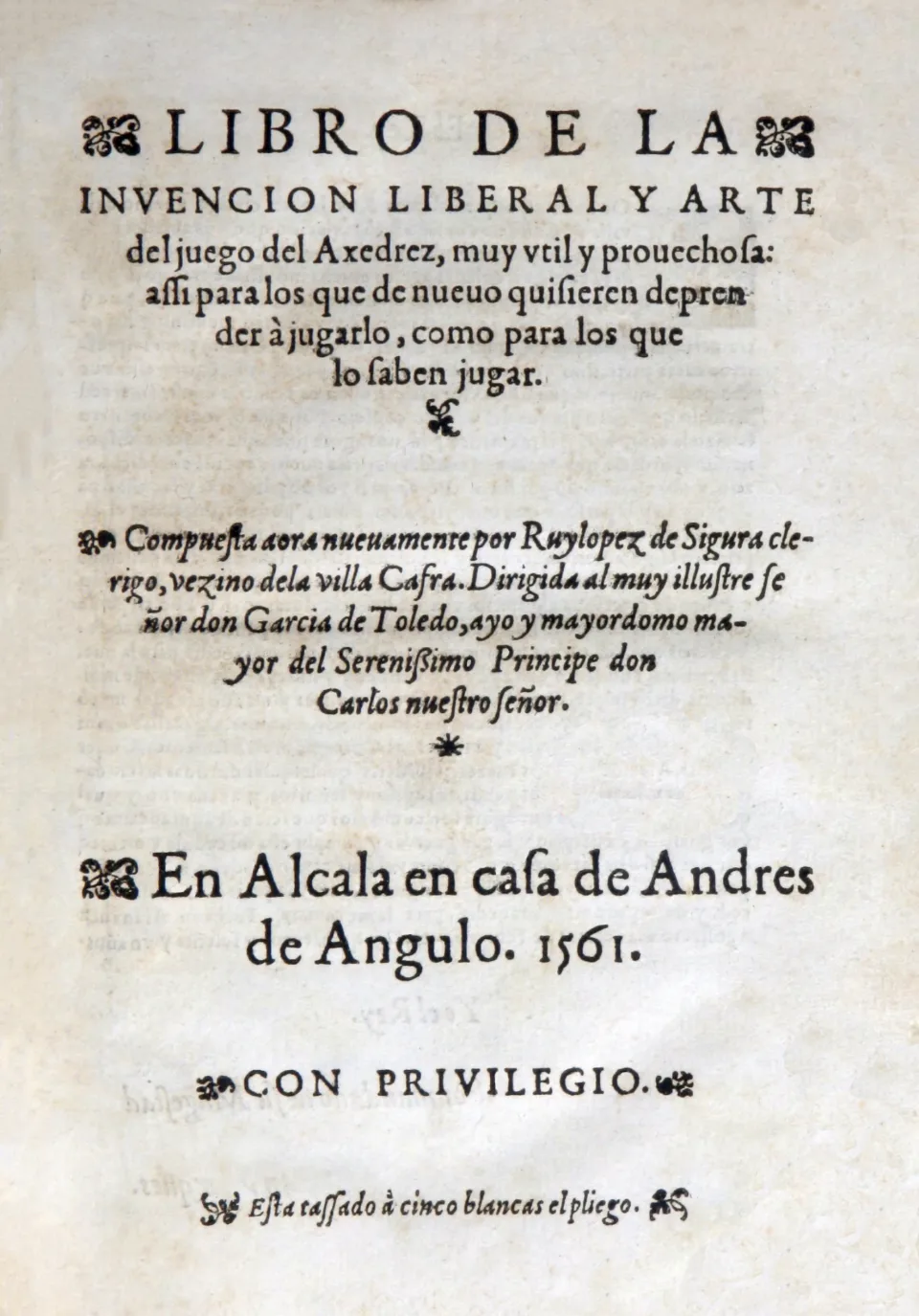 Η σελίδα τίτλου του βιβλίου του Ruy López, Αλκαλά 1561