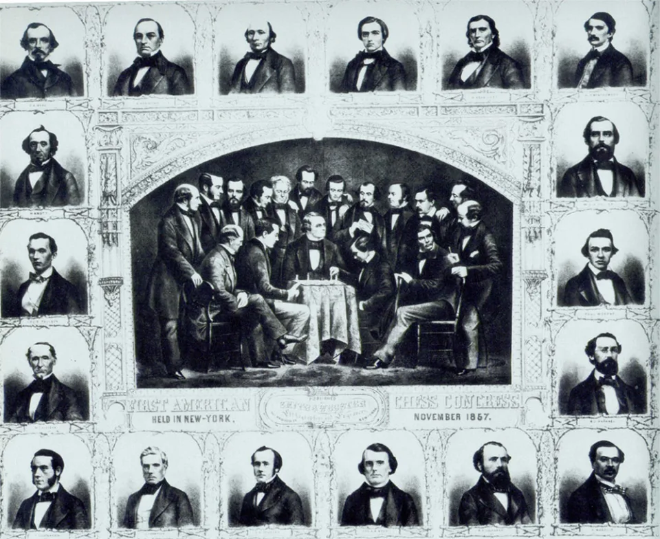 Λιθογραφία του 1857 με τους συμμετέχοντες του πρώτου Αμερικανικού Σκακιστικού Κογκρέσου