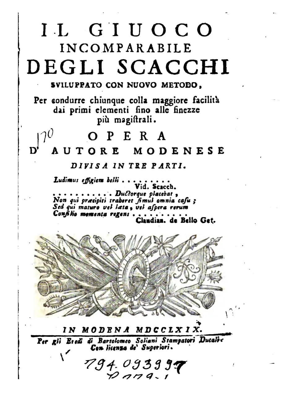 Η σελίδα τίτλου του Il giuoco incomparabile degli scacchi, Μόδενα 1769