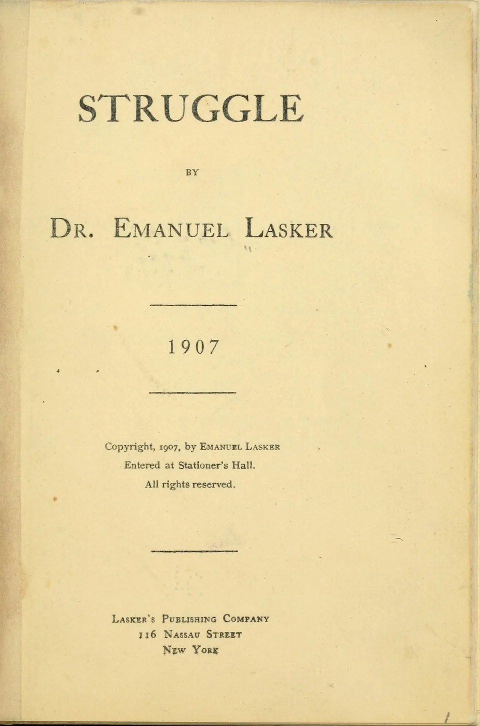 Η σελίδα τίτλου του Struggle του Lasker, Νέα Υόρκη 1907